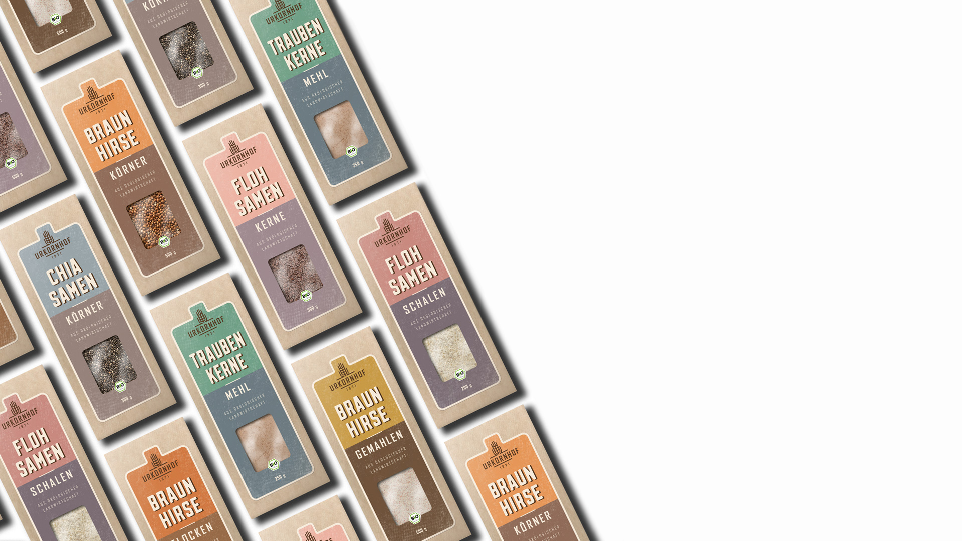 Sustainable Urkornhof packaging for psyllium, chia seeds, brown millet