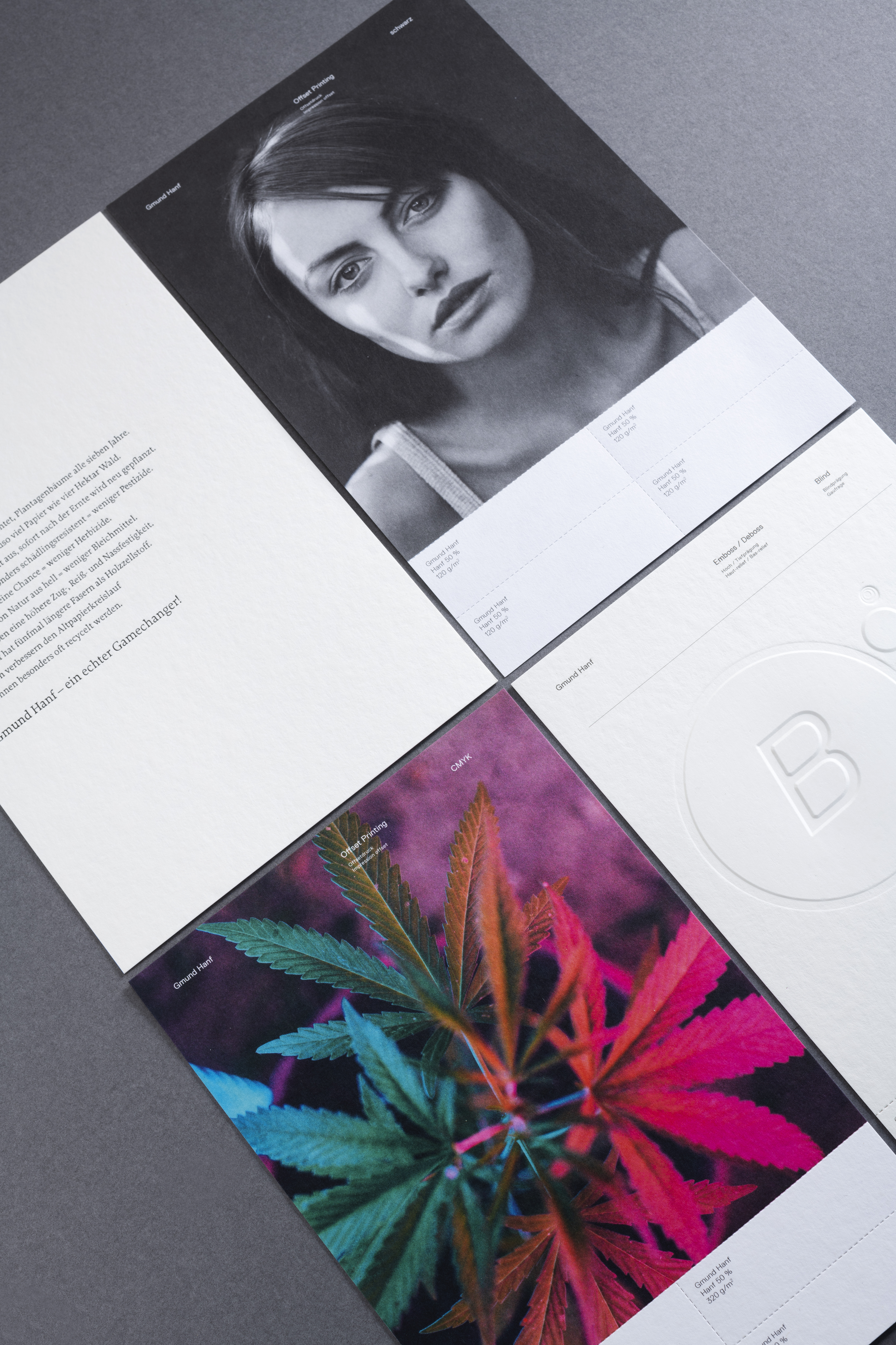 Four sample pages from the Gmund Hanf swatchbook