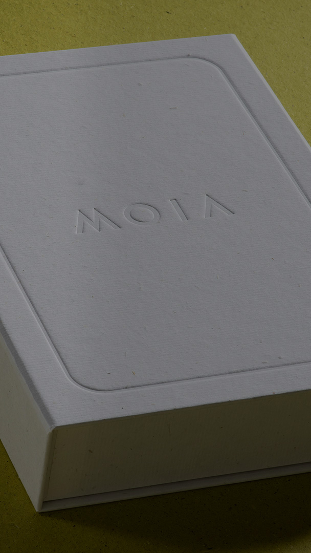 Close up of a MOIA packaging out of sustainable paper