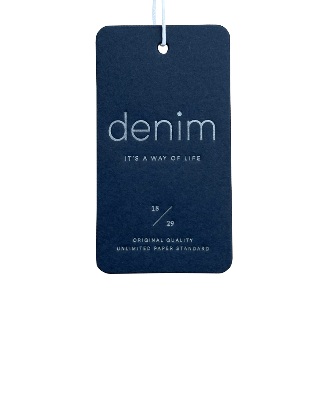 Plastikfreier Hangtag in dunkelblau mit silberner Schrift