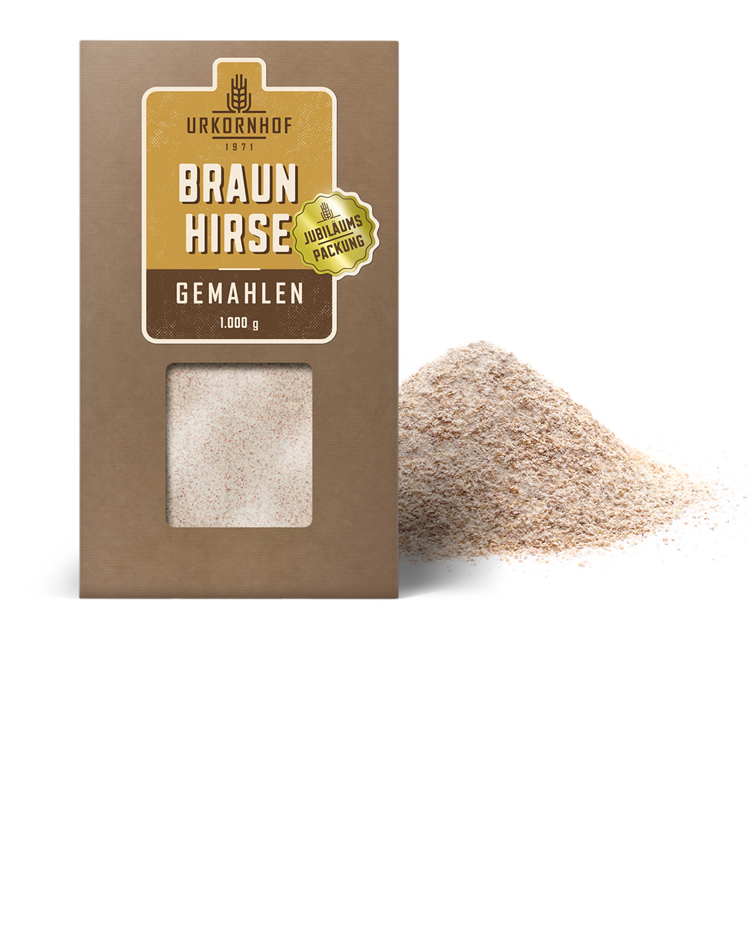 Jubiläumsverpackung der Firma Urkornhof für Braunhirse