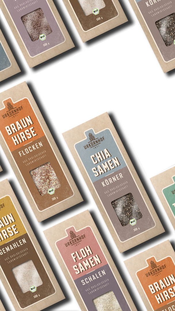 Nachhaltige Urkornhofverpackungen für Flohsamen, Chiasamen, Braunhirse