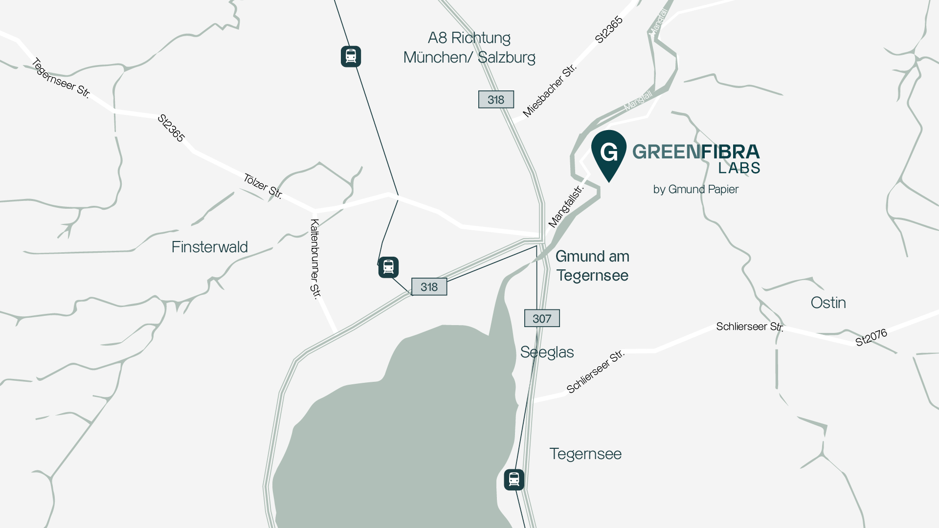 Landkarte von der Region Tegernsee mit dem Vermerk der Standortes Grennfibra Labs in Gmund am Tegernsee